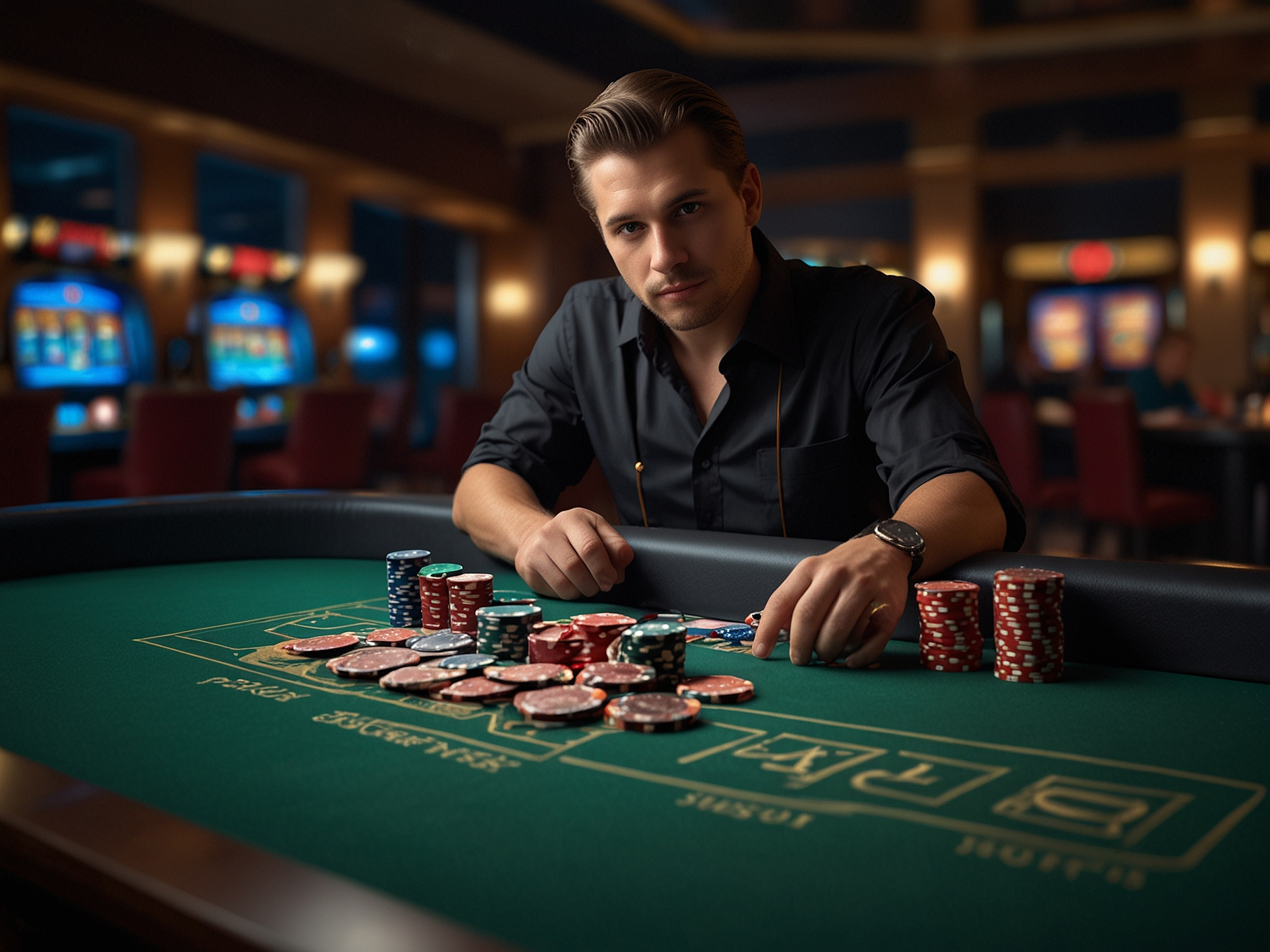 Confident casino player at table with chips